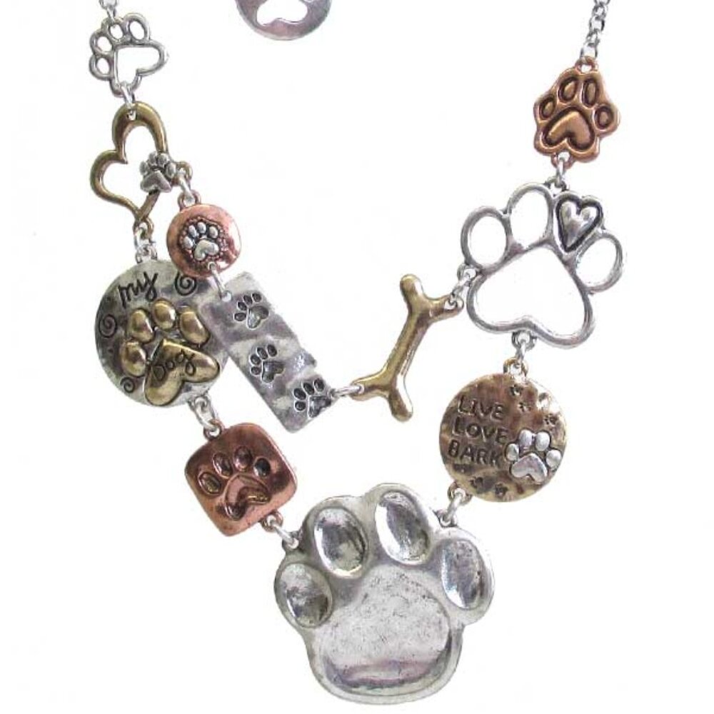 LIVE LOVE BARK Inscription Pet Theme Silver Gold Dog Necklace with Earrings NEW - Picture 3 of 3